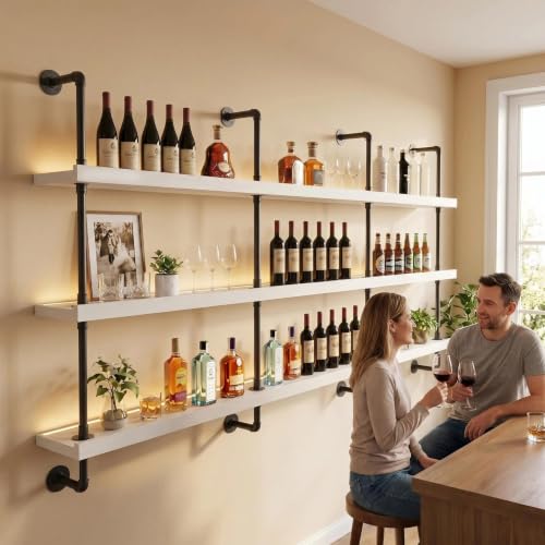 Image of HOUSESET 36 /48 /60 /72 /84in Wine Wall Rack with Led Lights, 3-Tiers Modern Pipe Liquor Bottle Display Shelf, Bar Shelves Wall Mounted for Commercial Bar, Restaurant, Home