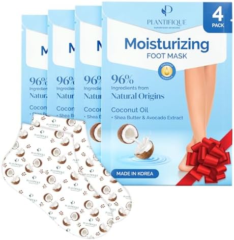 PLANTIFIQUE Korean Foot Mask with Shea Butter 4 Pairs box for Dry & Cracked Feet | Hydrating Socks for Soft Heels | Intense Moisturizing and Repairing Dry Rough Skin | Foot Spa | Happy Feet Mask