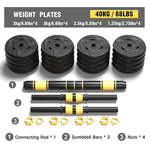 ER KANG Adjustable Fitness Dumbbells Set, 88lbs Free Weights Dumbbells with 19.7 Connecting Rod Used As Barbell for Home Gym, Workout, Whole Body Training, 2 Pieces/Set, Ship from The US - Thumbnail 3