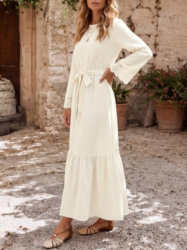 Image of LYANER Women's Tie Waist Crew Neck Casual Maxi Dress