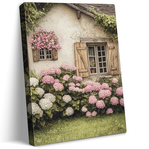vandlife Vintage France Countryside Canvas Wall Art Impressionist Oil Painting of Ancient Cottage with Pink White Hydrangeas Wooden Shutters Lush Spring Grass Poster for Home Decor Framed 12x16in