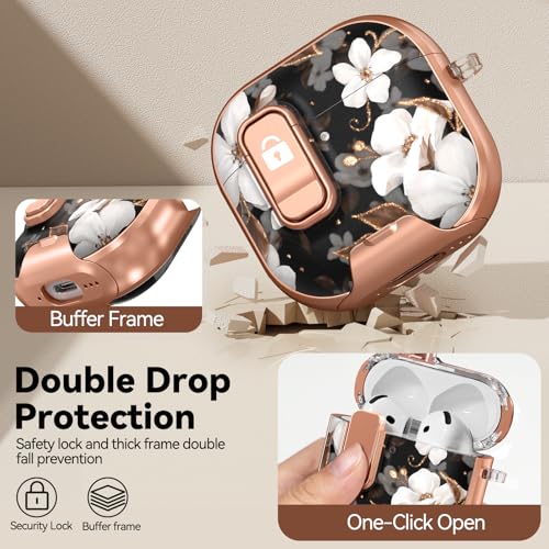 Image of for AirPods 4 Case, with Safty Lock & Phone Stand for Floral AirPods 4th Generation Case Cover for Women Girly, iPod 4 Case with Keychain & Cleaner Kit - Black Gold Flower