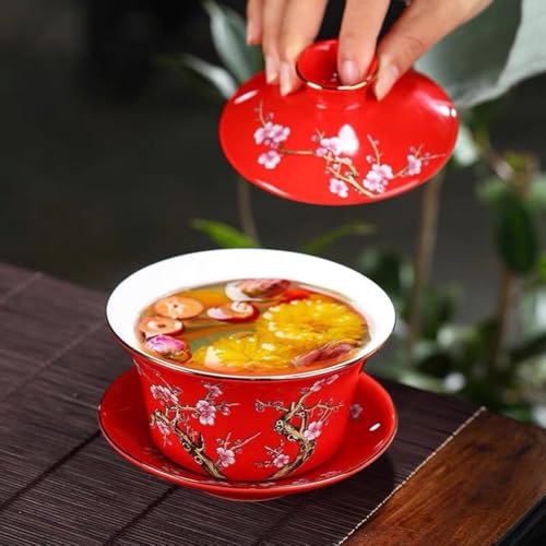Image of 10oz Large Gaiwan, Ceramic Teacup -Embossed Plum Patterns (Red)