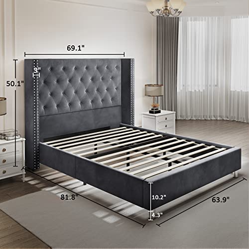 Papajet Queen Size Velvet Low Profile Platform Beds Tufted Upholstered Platform Bed Frame Raised Wingback Headboard With Strong Wooden Slats/Mattress Foundation/No Box Spring Needed/Easy Assembly #TOP1