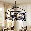 Black Bear Chandelier, Farmhouse Rustic 4 Lights Metal Round Pendant Light Werstern Cabin Light Fixturefor Dining Living Room Kitchen Island Foyer,E26 Socket, Height Adjustable, 17.3inches