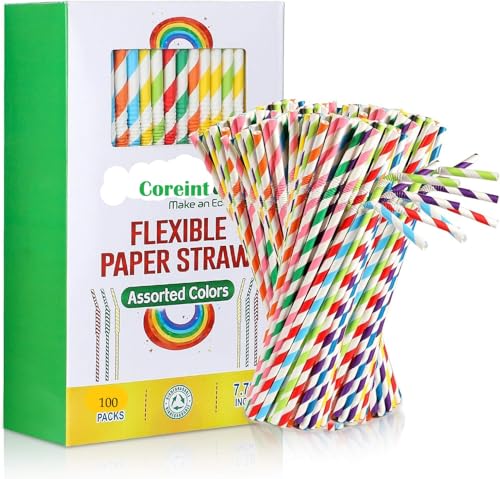Coreint® Cannucce di carta, 100 cannucce di carta per matrimoni, feste, ristoranti, succhi di frutta, caffè, bevande fredde, dessert e decorazioni fai da te, cannucce colorate e pieghevoli, cannucce