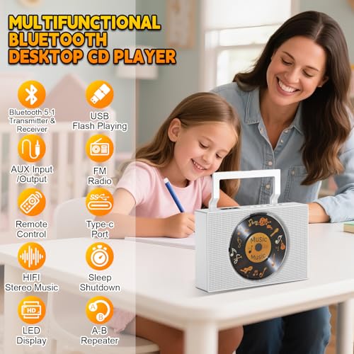 Gueray CD-Player mit Radio: Bluetooth CD Player mit Griff, CD-Spieler Lautsprechern, Display, Fernbedienung, unterstützt Wiederholung, AUX-Wiedergabe, Kopfhöreranschluss, USB Type-C, MP3-Musikplayer