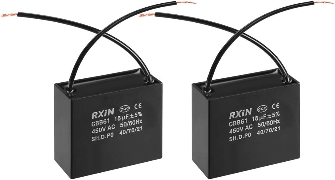 uxcell Ceiling Fan Capacitor CBB61 15uF 450V AC 2 Wires Metalized Polypropylene Film Capacitors 58x28x50mm for Water Pump Motor Generator, Pack of 2