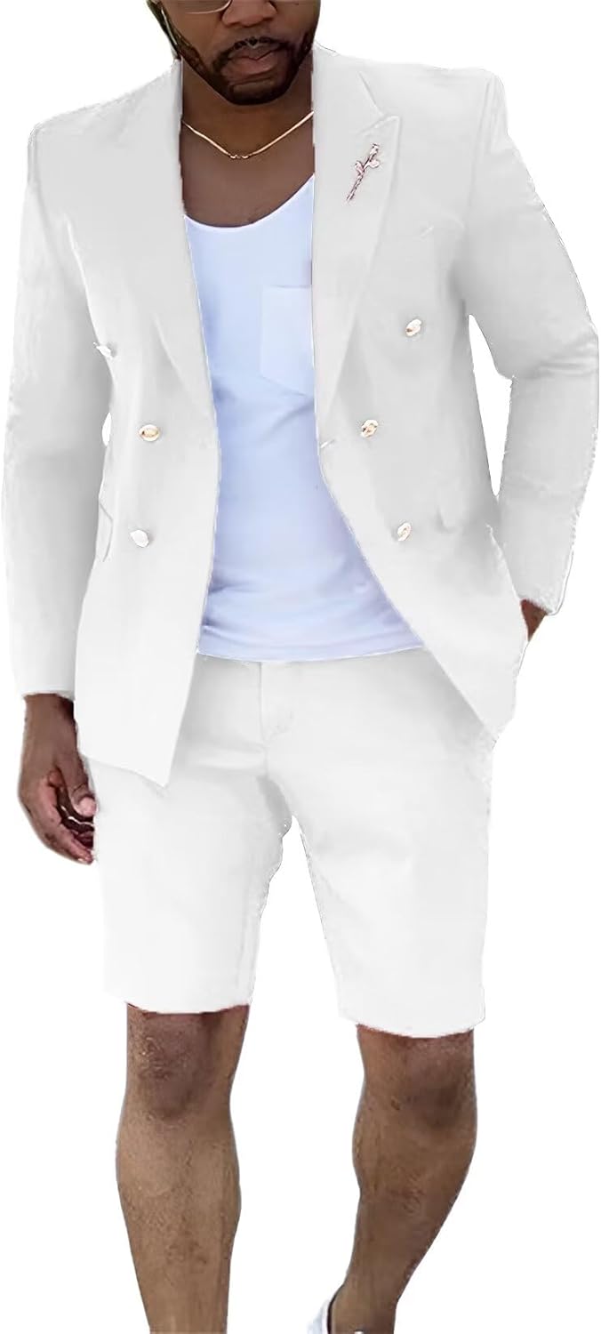 Shorts Suits for Men 2 Piece Slim Fit Double Breasted Mens Shorts Suit Set Casual Prom Summer Beach Wedding Tuxedos
