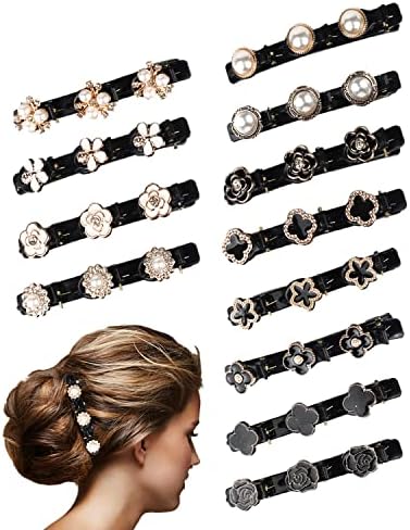 12PCS Sparkling Crystal Stone Braided Hair Clips, Braided Hair Clip with 3 Small Clips, Multi Clip Hair Barrette with Rhinestones for Women & Girls