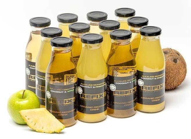 REFIX Erholungsgetränk – Meerwasser und Kokoswasser, kalorienarm, bio, ohne zugesetzten Zucker, vegan, natürliche Mineralstoffe, Kokos-Ananas Apfel, 12er Pack