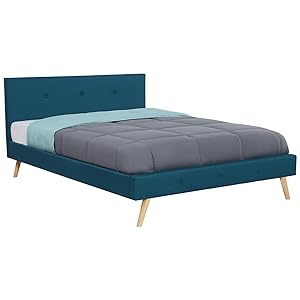 IDMarket Oslo - Cama doble escandinava con cabecera y somier de 160 x 200 cm, tejido azul pato