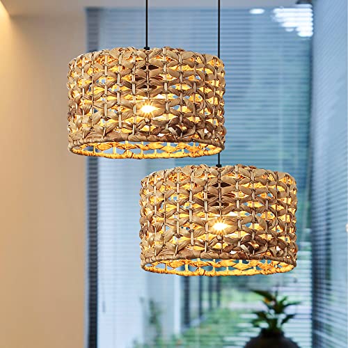 Plug In Cord Bamboo Pendant Light For Kitchen Island, Modern Rattan Ceiling Hanging Wicker Lamp, Basket Chandelier Wall Light Fixture For Living Room Dining Room Restaurant (Large Cylinder Lampshape) #TOP6