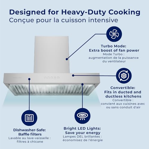 Image of Hauslane Wall Mount Range Hood 30 inch WM-730 Low Noise 4 Speed Performance Contemporary Design, Chef Model, Full-Size Handles, Professional-Grade Baffle Filters, LED Lamps, Stainless Steel