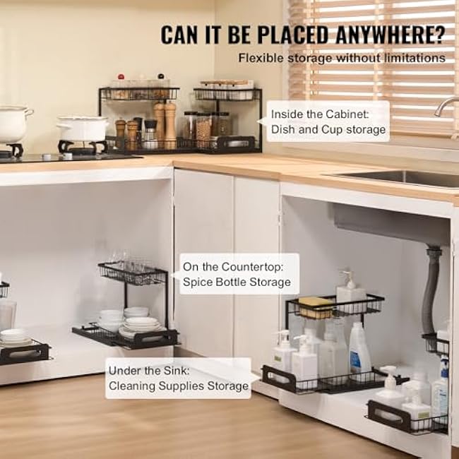 VEVOR 2 Tier Pull Out Cabinet Organizer(10.7W x 14.2D ), Under Sink Organizer and Storage, Slide Out Drawer Cabinet Organizer, Wire Basket Sliding Shelf for Kitchen Bathroom Cabinet, Black (2 Pack)-f17cu8ap