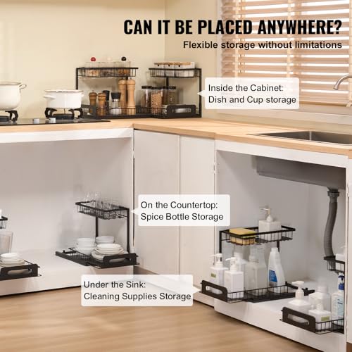 VEVOR 2 Tier Pull Out Cabinet Organizer(10.7"W x 14.2"D ), Under Sink Organizer and Storage, Slide Out Drawer Cabinet Organizer, Wire Basket Sliding Shelf for Kitchen Bathroom Cabinet, Black (2 Pack) - Image 4