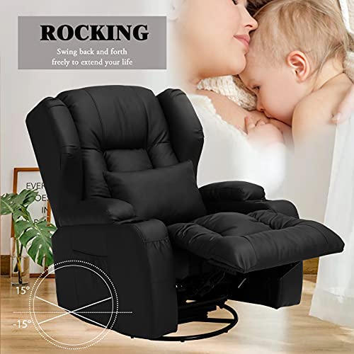 Obbolly Swivel Rocker Recliner Chair - Manual Glider Rocking Recliner Chair, Wing Back Design 360?Swivel Lounge Chair With Lumbar Pillow, Cup Holders, Side Pocket For Living Room, Faux Leather, Black #TOP3