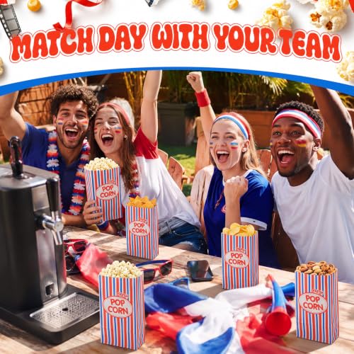 Image of Potchen 200 Pcs Paper Popcorn Bags Bulk 2 oz Large Individual Serving Popcorn Bag Flat Bottom Disposable Container Vintage for Movie Night Themed Summer Back to School Party Carnival (Red Dark Blue)