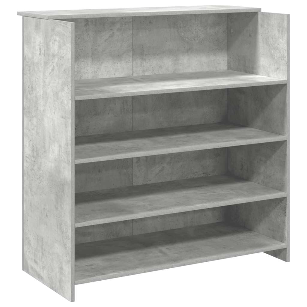 Mesa de recepción gris hormigón 100 x 50 x 103,5 cm de material de madera para oficina con mostrador integrado y estantes para el vestíbulo de hotel y la práctica
