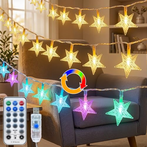 Star Lights String Lights USB 50FT 100 LED Fairy Lights with Remote IP44 Waterproof 11 Modes 2-in-1 Warm White & Multicolor Changing Indoor Outdoor Starry Lights for Bedroom Garden Party Decor