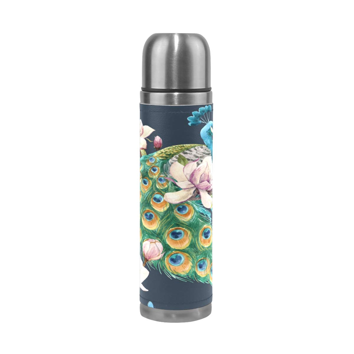 Taza de viaje aislada al vacío de acero inoxidable con doble pared a prueba de fugas, botella de agua de pavo real, estampado personalizado, termo envuelta en piel auténtica, 500 ml