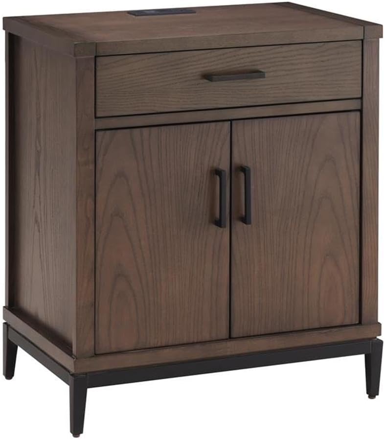 BOWERY HILL Modern Nightstand Table, 23.75" L x 15.9" W x 28.25" H, Solid Ash Wood, Coffee Bean Brown Stain, Matte Black Base, AC/USB Charger, Drawer and Cabinet Storage, Bedroom Furniture