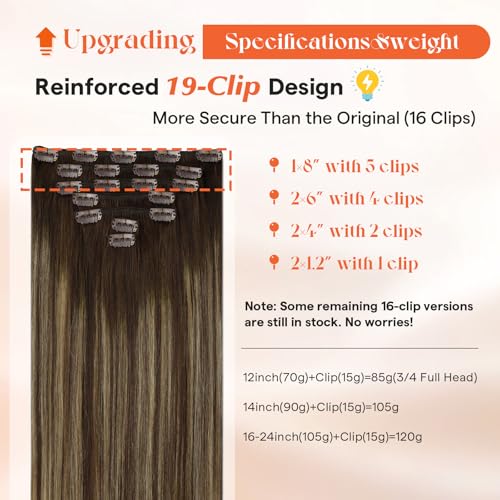 Image of Sunny Hair Clip in Hair Extensions Real Human Hair Brown Balayage | 20 Inch Remy Hair Extensions Clip in Brown Balayage Caramel Blonde Create Natural Everyday Hair with Instant Length 120g