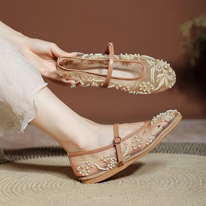 Mesh Ballet Flats for Women Embroidered Floral Mary Jane Flats, Buckle Strap Ballet Causal Summer Dress Shoes, Round Toe Comfortable Daily Dress Shoe3