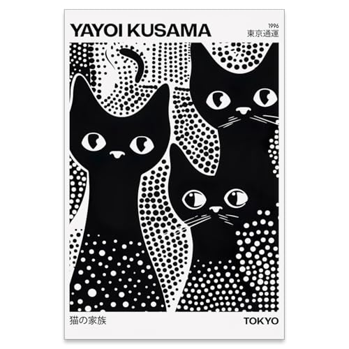 rumlud Affiche chat noir mignon Yayoi Kusama, art mural tendance, 16x24 po