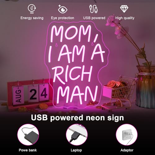 Image of Lucunstar Mom I Am A Rich Man Neon Sign Pink Neon Signs for Wall Decor Pink LED Light for Bedroom Decor USB Connectivity Led Neon Signs for Home Boys Room Man Cave Gifts for Teens