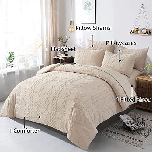 Khaki Tufted Comforter Set King With Sheets,7 Pieces Bed In A Bag Boho Comforter Shabby Chic Geometry Embroidery Bedding Set Soft Microfiber Farmhouse Comforter For All Seasons (King 90×103 Inches) #TOP3