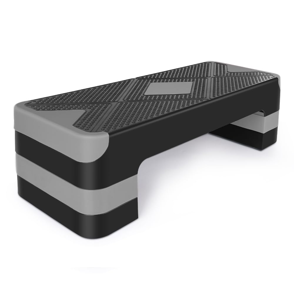 Plataforma aeróbica Step con 3 niveles de altura, altura ajustable 10,16 cm-15,24 cm-20,32 cm, stepper de fitness para casa y oficina, almacenamiento de ahorro de espacio, color gris