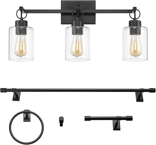 Globe Electric 63000059 Juego de accesorios de baño todo en uno de 5 piezas, negro mate, luz de tocador de 3 luces de 24 pulgadas, cortinas de disponible en Yaxa Venezuela