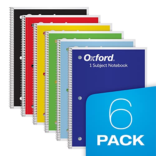 Oxford Spiral Notebook 6 Pack, 1 Subject, Wide Ruled Paper, 8 X 10-1/2 Inch, Blue, Yellow, Red, Light Blue, Green And Black, 70 Sheets (65010) #TOP6