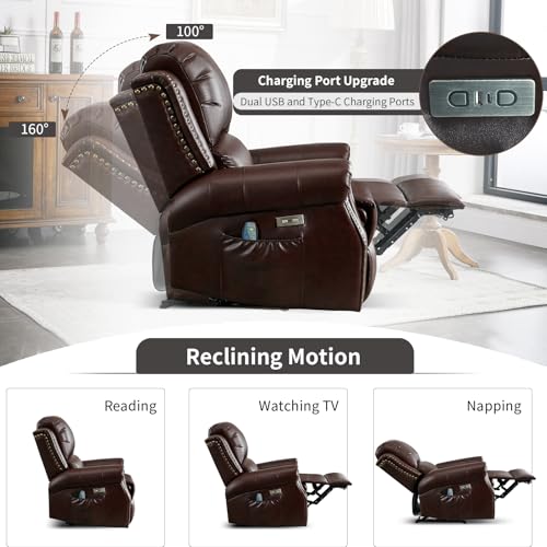 Image of HAOMARKETS Classic Power Recliner Chair Set of 2 with Massage and Heat, Breathable Faux Leather Electric Recliner with USB Port, Overstuffed Reclining Sofa with Rivets for Living Room, Caramel Brown