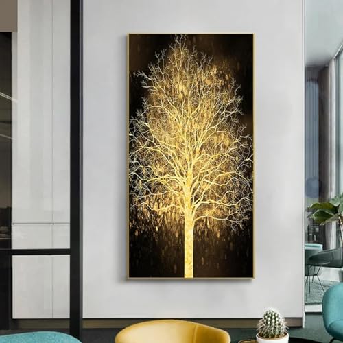 Peinture paysage arbre or sur toile HYFBH cadre doré salon 55x110cm