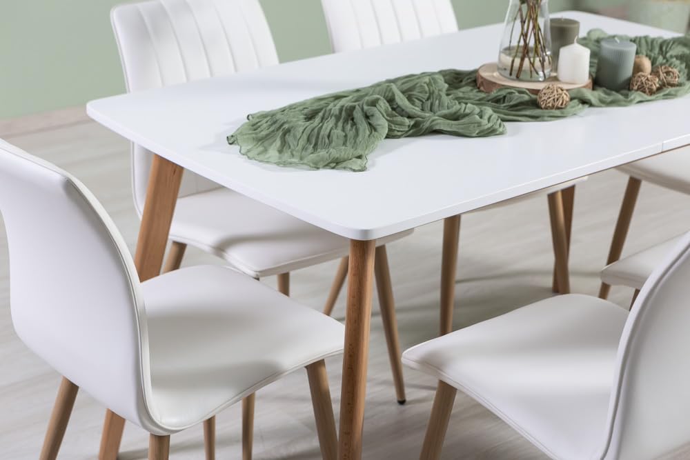 Set Tavolo da Pranzo rettangolare allungabile 140-180x80 cm con 6 Sedie imbottite bianche ecopelle, stile scandinavo con gambe effetto legno, tavolo e sedie da cucina o sala da pranzo per 6 persone