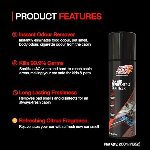 Image of Car Air Refresher & Sanitizer Spray | 200ml (165g) | AC Disinfectant, Sanitizes Cabin, Eliminates Odour, Refreshing Citrus Fragrance, Fresh New Car Smell | Single-Use Pack