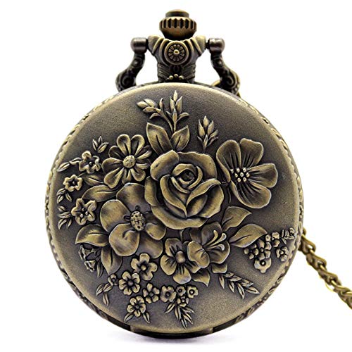 ZMKW Retro Bronze Bloom Blumen Frauen Quarz Taschenuhren Anhänger für Damen Vintage Halskette Kettenuhr Geschenke, Standard Cover