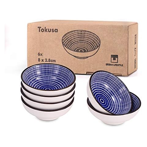 Urban Lifestyle 6 x Round Dip Bowls, Soy Finger Food Japan Sauce Bowls, 8 cm with Blue/White Japanese Tokusa Stripes Pattern, Soy Sauce Bowls, Sushi Bowls, Spice Bowls Cover