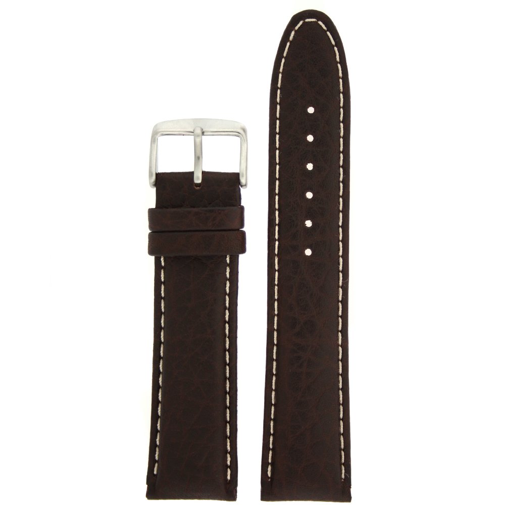 Tech Swiss 22mm Padded Watch Band Genuine Leather Dark Brown White Stitching