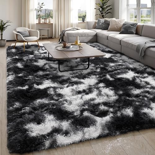 KING DARE Plush 6x9 Area Rugs, Washable Fluffy Shag Rug Non-Slip Soft Carpet for Bedroom Living Room Dorm Playroom Kids Room, Modern Home Decor Aesthetic, Black and White