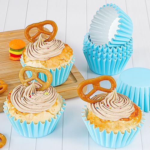 Caperci Grease-Resistant Blue Mini Cupcake Liners 200 Counts - Heavy Duty Paper Muffin Baking Cups, Odorless, No Muffin Pan Needed, Easily Peels (Light Blue)