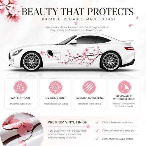 Image of 2PCS Cherry Blossom Car Decals, Large Sakura Side Vinyl Graphics for Cars, Japanese Floral Car Stickers, Waterproof UV Resistant Vehicle Door Decal Set, 70.8 x 23 in, Pink