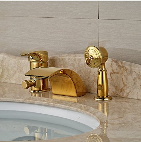 Robinet mitigeur de baignoire cascade romaine doré avec douchette