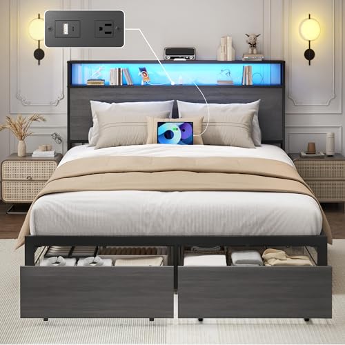 Lifezone Full Bed Frame with Storage & Charging, Rustic Grey