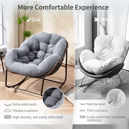 HOMEFUN Papasan Rocking Chair Indoor, Oversized Outdoor Patio Rocking Chairs with Teddy Padded Cushion - Rocker Egg Chair for Front Porch, Garden, Patio, Backyard Dark Gray