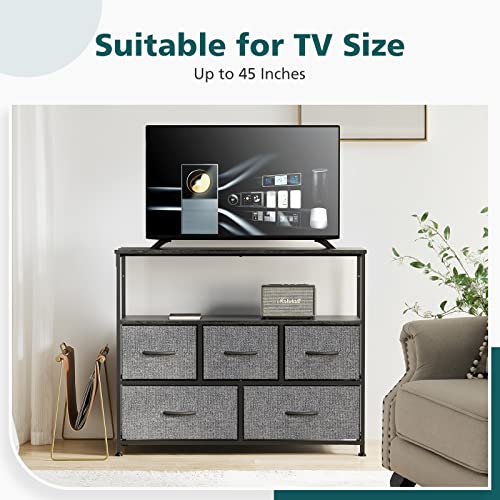 Image of NEWBULIG Dresser,Dresser with 5 Fabric Drawers,Chest of Drawers,Storage Tower, TV Stand Organizer Storage for Bedroom Living Room Hallway, Easy Pull Fabric Bins,Wooden Top, Sturdy Steel Frame,Black