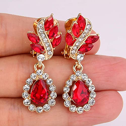 Elequeen Women's Austrian Crystal Art Deco Tear Drop Dangle Earrings Clip-On Gold-Tone Ruby Color #TOP5