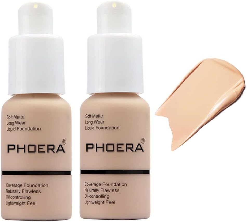 PHOERA Foundation, Soft Matte Long Wear Liquid, Full Coverage, Oil-Controlling, Lightweight, Naturally Flawless, 30ml (2 Pack 102 Nude)